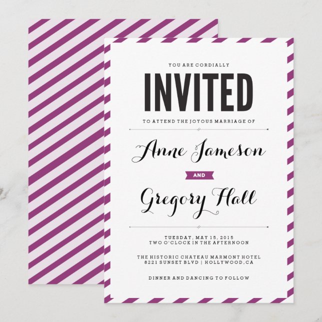 Violet Carnival Stripes Modern Wedding Invitation (Front/Back)
