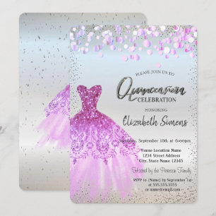 Violet Confetti Dots, Dress Silver Quinceañera  Invitation