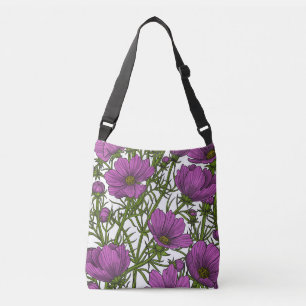 Violet cosmos flowers crossbody bag