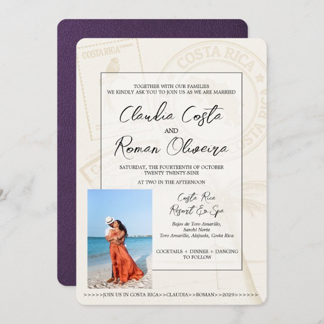 Violet Costa Rica Passport Wedding Invitation (Front/Back)