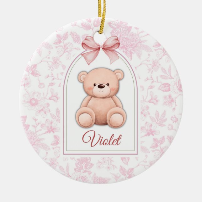 Violet | Custom Pink Teddy Bear Nursery Design  Ceramic Tree Decoration (Front)