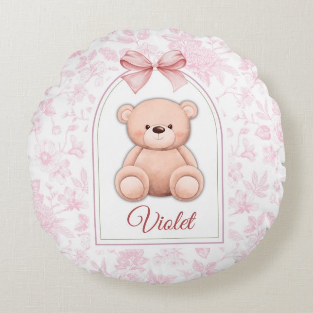 Violet | Custom Pink Teddy Bear Nursery Design  Round Cushion (Front)