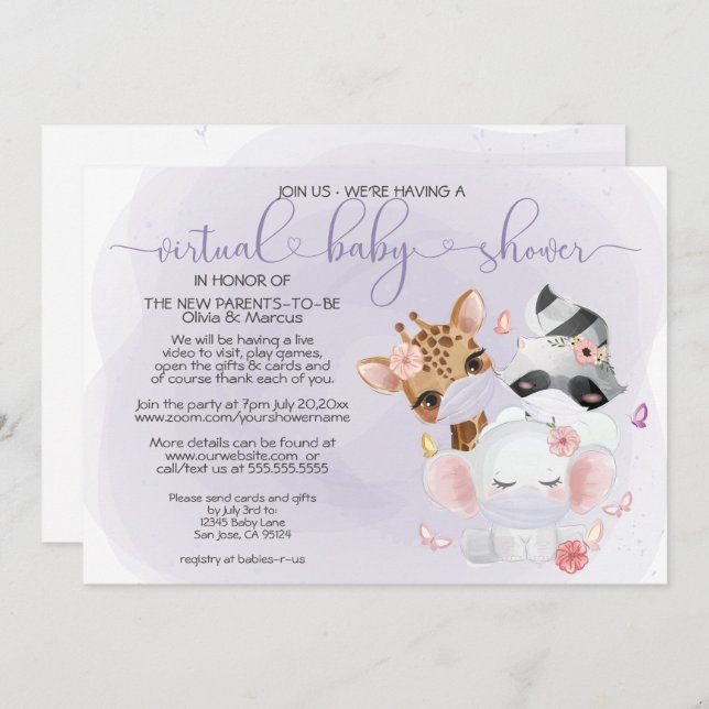 Violet Cute Animals in Masks Virtual Baby Shower Invitation (Front/Back)