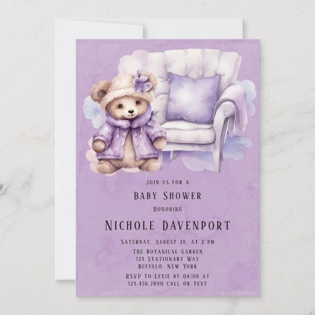 Violet Cute Teddy Bear Chair Girl Baby Shower Invitation (Front)