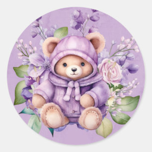 Violet Cute Teddy Bear Floral Girl Baby Shower Classic Round Sticker