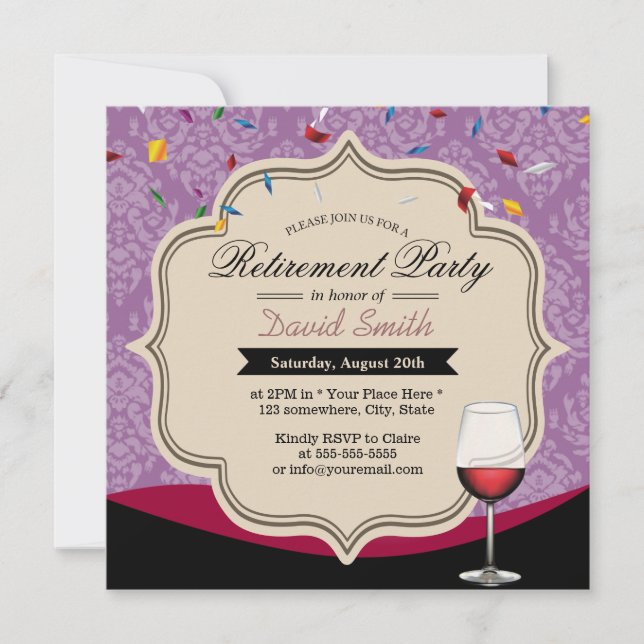Violet Damask Red Wine Theme Retirement Party Invitation (Front)