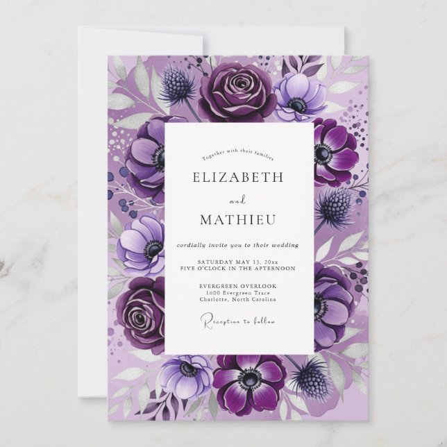 Violet Dramatic Botanical Wedding Invitation (Front)