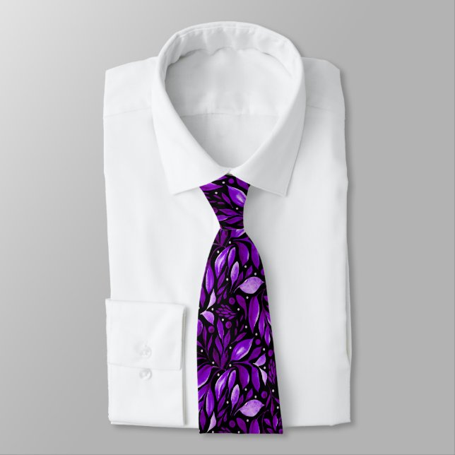 Violet Dream - Black & Purple Botanical Tie (Tied)