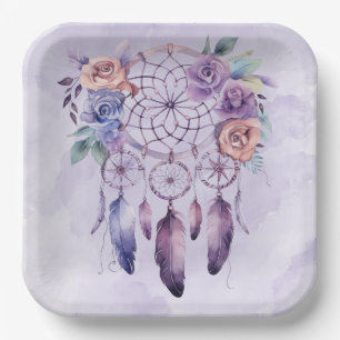 Violet Dreamcatcher and Flowers Girl Baby Shower Paper Plate