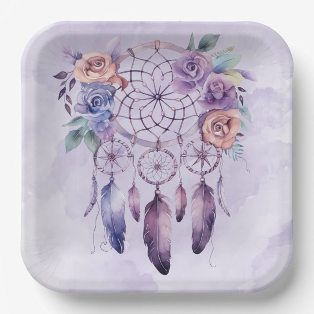 Violet Dreamcatcher and Flowers Girl Baby Shower Paper Plate (Front)