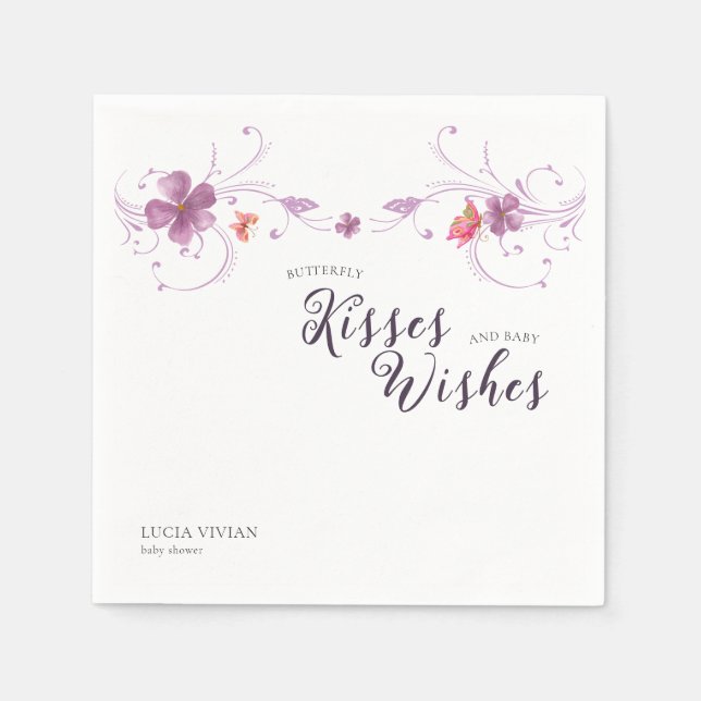 Violet Floral Butterflies Kisses & Wishes Baby Napkin (Front)