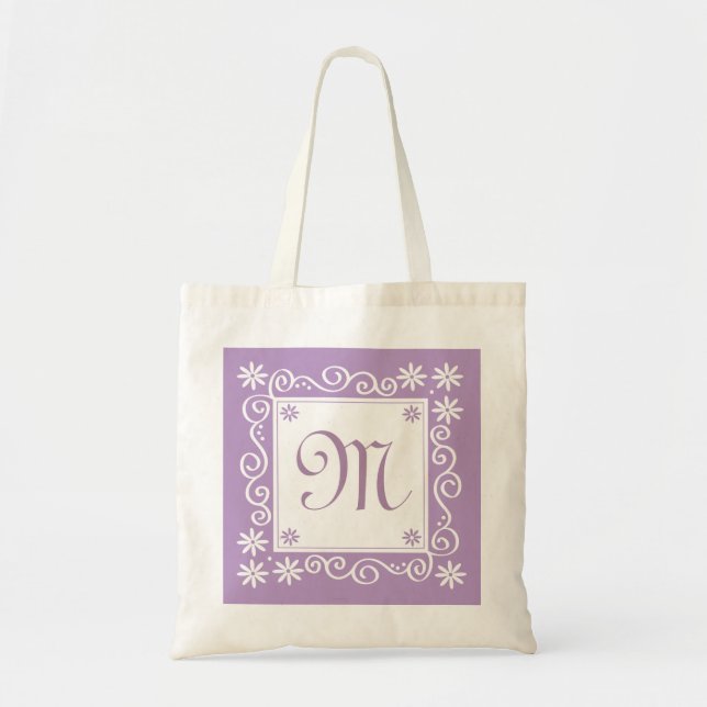 Violet Floral Pattern Monogrammed Tote Bag (Front)