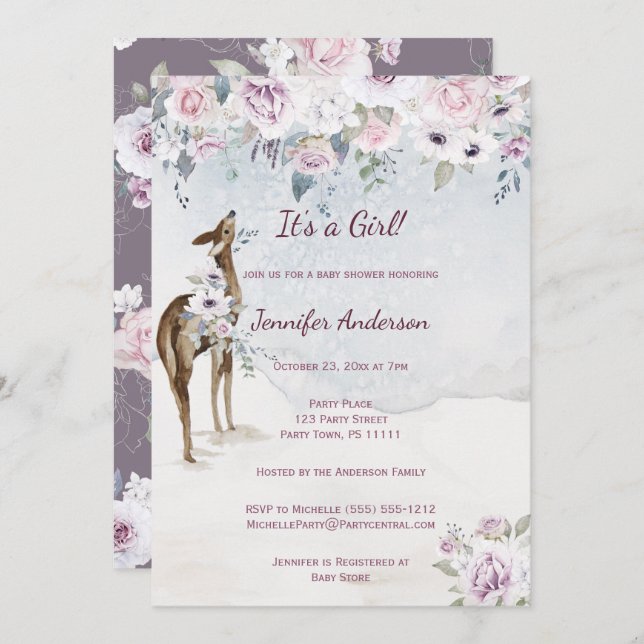 Violet Floral Rose Deer Girl Baby Shower Invitation (Front/Back)