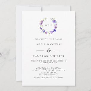 Violet Floral Wreath Monogram Wedding Invitation