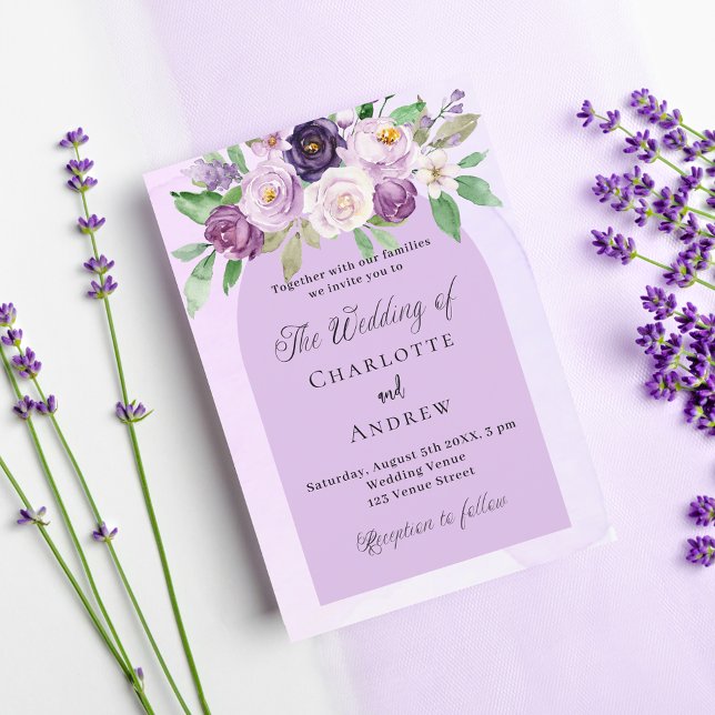 Violet florals arch purple wedding invitation postcard (Creator Uploaded)