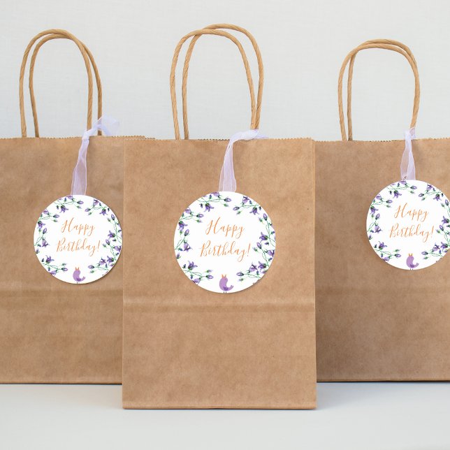 Violet florals bluebells white happy birthday classic round sticker (Creator Uploaded)