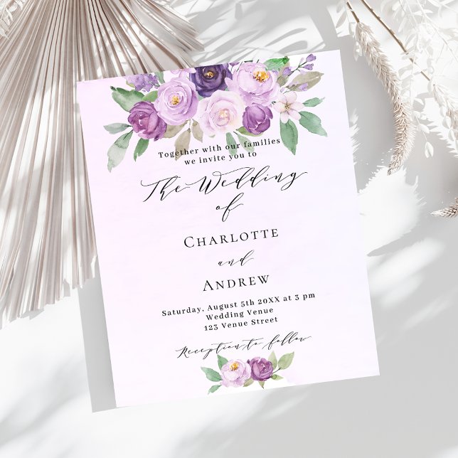 Violet florals greenery budget wedding invitation (Creator Uploaded)
