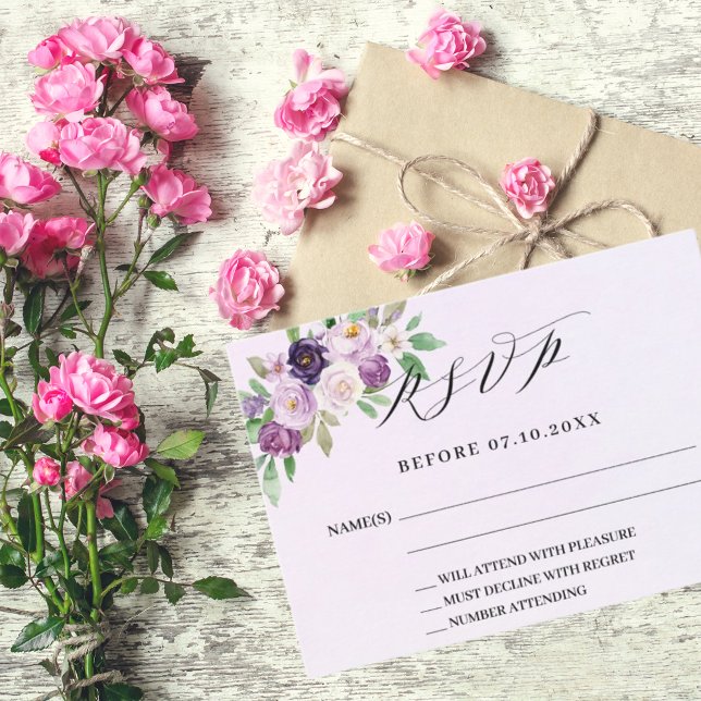 Violet florals lavender wedding response RSVP card (Creator Uploaded)