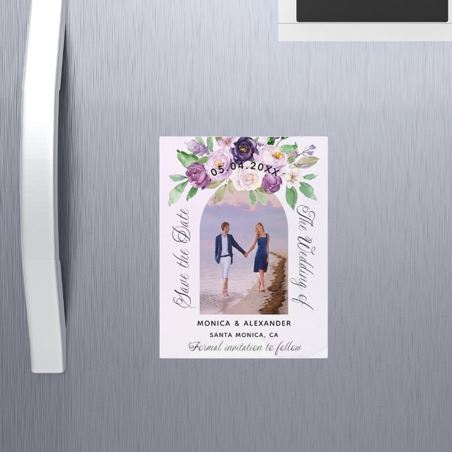 Violet florals photo wedding save the date magnetic invitation (Creator Uploaded)