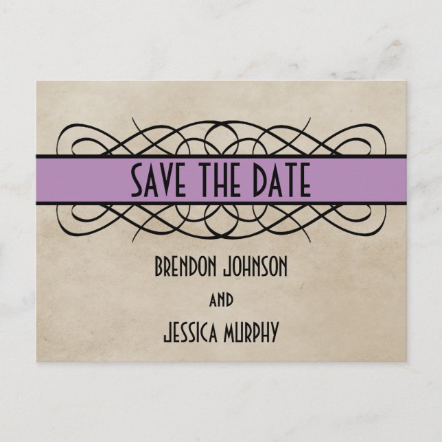 Violet Flourish Border Save the Date Postcard (Front)