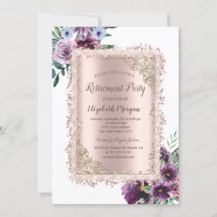 Violet Flower Glitter Frame,Rose Gold Retirement   Invitation