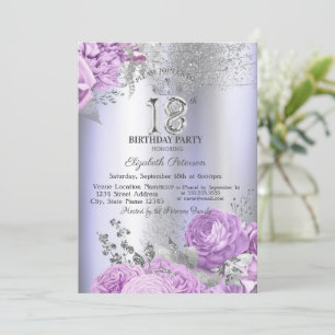 Violet Flowers Glitter Lilac 18th Birthday   Invitation