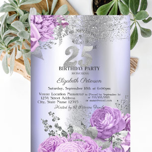 Violet Flowers Glitter Lilac 25th Birthday   Invitation