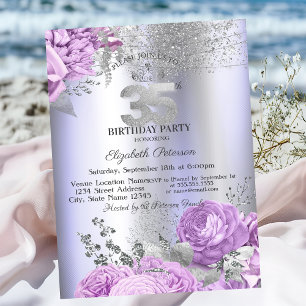 Violet Flowers Glitter Lilac 35th Birthday   Invitation