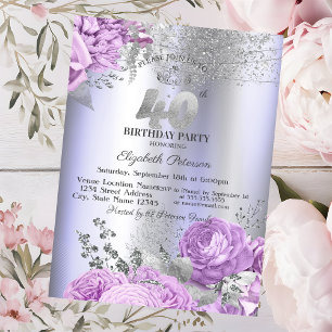 Violet Flowers Glitter Lilac 40th Birthday Invitation