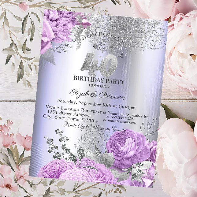 Violet Flowers Glitter Lilac 40th Birthday   Invitation (Creator Uploaded)