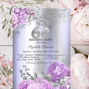 Violet Flowers Glitter Lilac 60th Birthday   Invitation