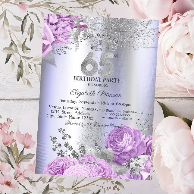 Violet Flowers Glitter Lilac 65th Birthday   Invitation (Creator Uploaded)