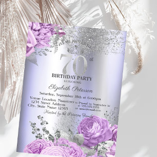 Violet Flowers Glitter Lilac 70th Birthday   Invitation