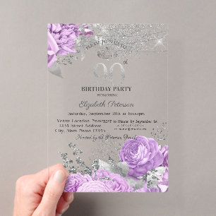Violet Flowers Glitter Lilac 90th Birthday Acrylic Invitations