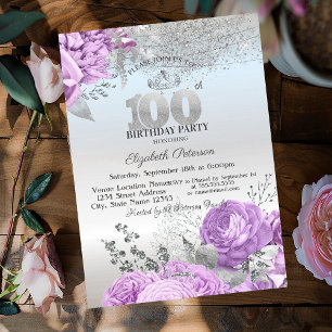 Violet Flowers Glitter Silver 100th Birthday Invitation