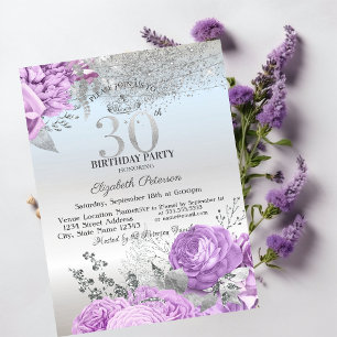 Violet Flowers Glitter Silver 30th Birthday Invitation