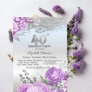 Violet Flowers Glitter Silver 40th Birthday Invitation