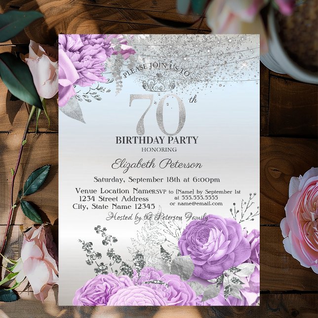 Violet Flowers Glitter Silver 70th Birthday   Invitation (Creator Uploaded)