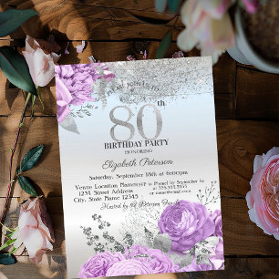 Violet Flowers Glitter Silver 80th Birthday Invitation