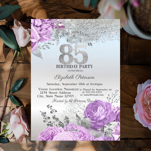 Violet Flowers Glitter Silver 85th Birthday   Invitation (Creator Uploaded)