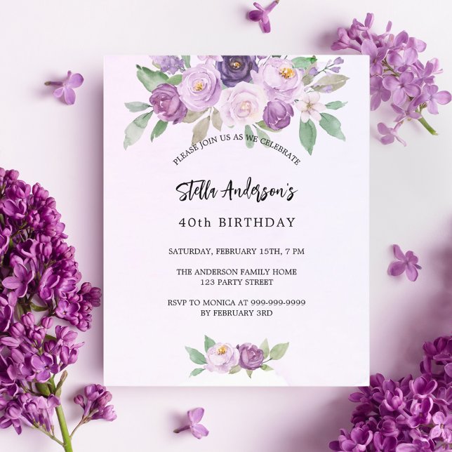 Violet flowers greenery budget birthday invitation (Creator Uploaded)