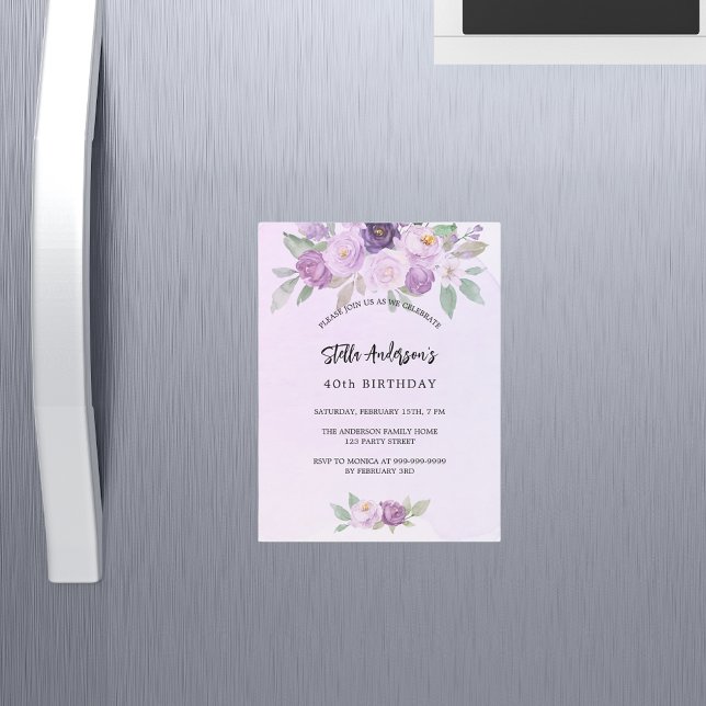 Violet flowers greenery luxury birthday magnetic invitation (Creator Uploaded)