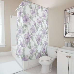 Violet flowers on white pattern shower curtain