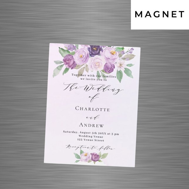 Violet flowers roses greenery luxury wedding magnetic invitation (Creator Uploaded)