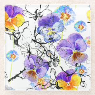 Violet Flowers Watercolor Vintage Pattern Glass Coaster