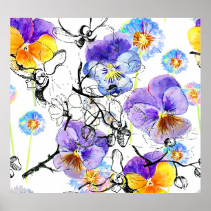 Violet Flowers Watercolor Vintage Pattern Poster