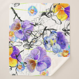 Violet Flowers Watercolor Vintage Pattern Sherpa Blanket