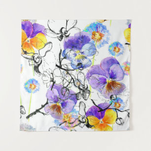 Violet Flowers Watercolor Vintage Pattern Tapestry