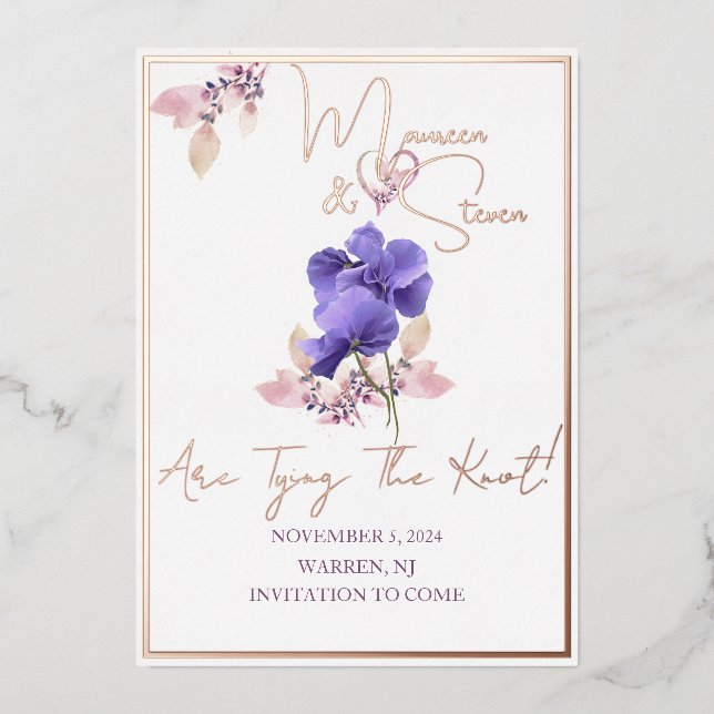Violet Flowers White Save The Date Foil Card (Front)