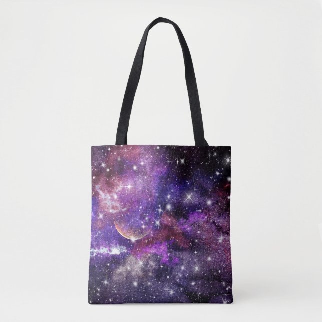 Violet Galaxy Milky Way With Planet Tote Bag (Front)